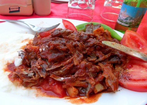 Color photo of a plate of Turkish Iskender Delight