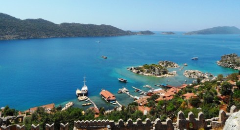 Color photo of the Mediterranean Sea and a grouping of islands