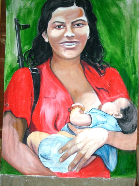 Color painting of mother and child with gun